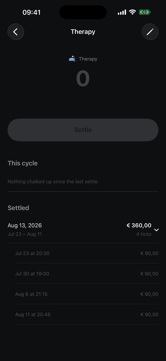 Therapy after settling. The count reads 0 and This cycle says nothing chalked up since the last settle. Under Settled, a cycle dated Aug 13, 2026 for 360,00 euro across Jul 23 to Aug 11, expanded to its four ticks, each dated and each worth 90,00 euro.