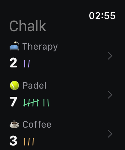 The Chalk watch app. Three rows on a near-black screen, each with an emoji, a name, a count and tally marks in its own colour: Therapy 2, Padel 7, Coffee 3. Each row ticks, and a chevron opens the counter.