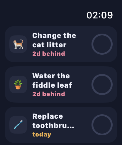The Yetly watch app: three rows on a near-black screen, each with an icon, a two-line title, and how late it is. Change the cat litter and water the fiddle leaf are 2 days behind, replace the toothbrush head is due today. Each row has a tap target to mark it done.